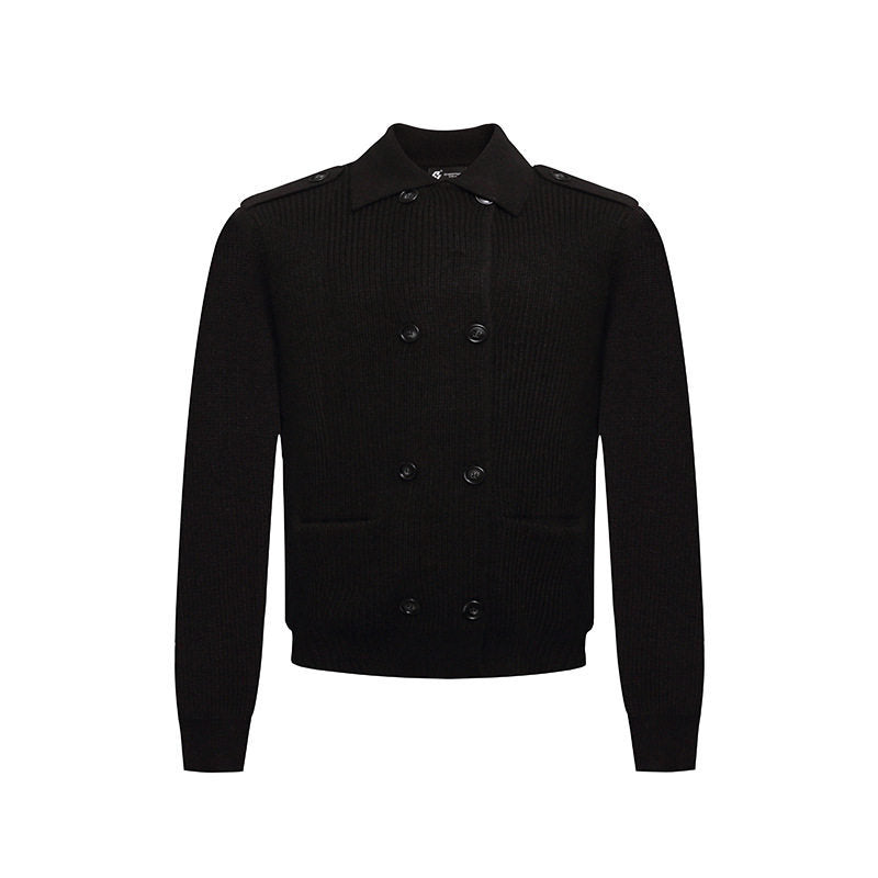 Men's knit double-breasted cardigan with collar, shoulder tabs, and welt pockets Amarae