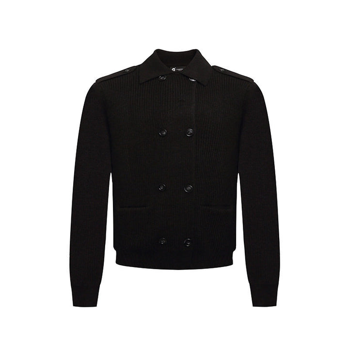 Men's knit double-breasted cardigan with collar, shoulder tabs, and welt pockets Amarae
