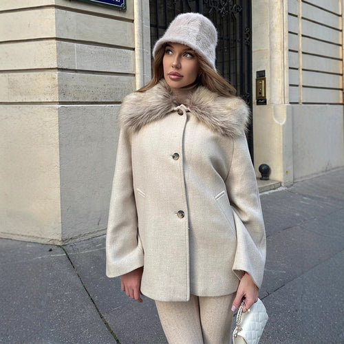 Women's short coat with faux fur shawl collar & boxy oversized silhouette Amarae
