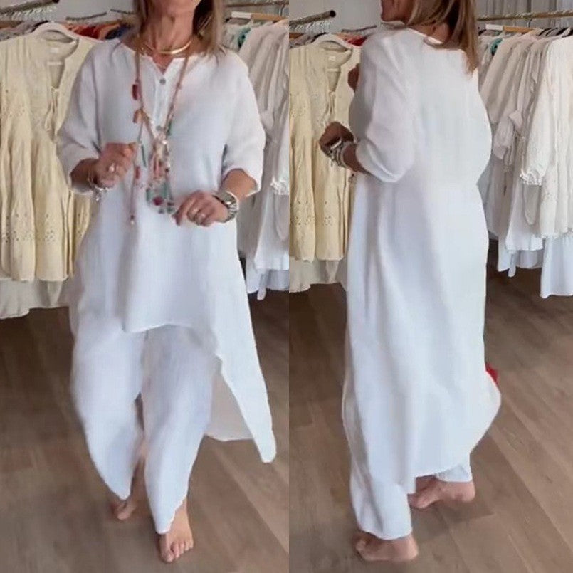 Women's Midi-Length Linen Tunic Set with Asymmetric Hem and Wide Palazzo Pants Amarae
