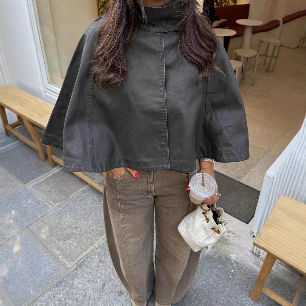 Women's Short Leather Cape Jacket with High Stand Collar and Boxy Cropped Silhouette Amarae