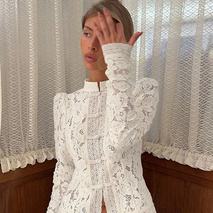 Lace blouse for women with fine gathered details and transparent sleeves Lune London