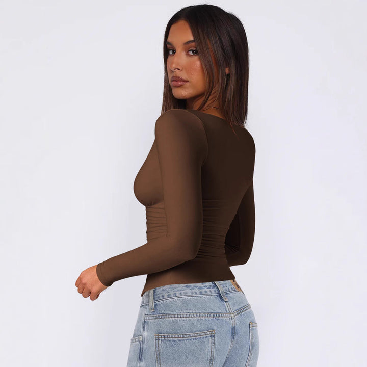 Women's Fitted Long-Sleeve Top with V-Neck and Ruching Lune London
