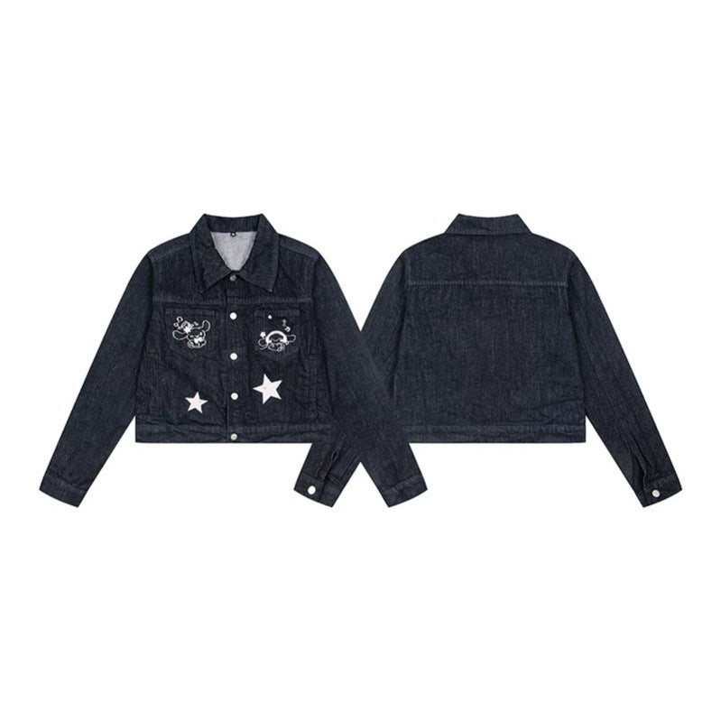 Women Short Cropped Denim Jacket with Star Applications and Cartoon Embroideries Amarae