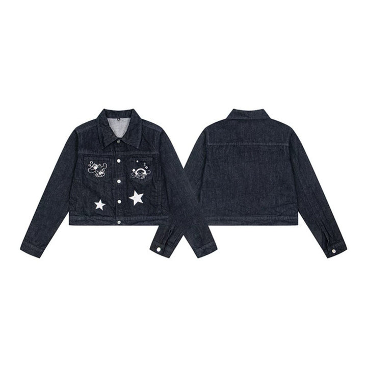 Women Short Cropped Denim Jacket with Star Applications and Cartoon Embroideries Amarae