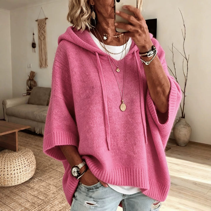 Ladies Oversized Knit Poncho with Hood, Batwing Sleeves and Side Slits Amarae