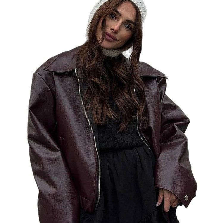 Women Short Oversized Faux Leather Flight Jacket with Distinctive Lapel and Snap Button Cuffs Amarae