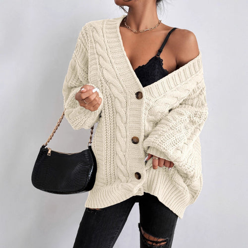 Ladies chunky knit cardigan with wide sleeves and button details Amarae
