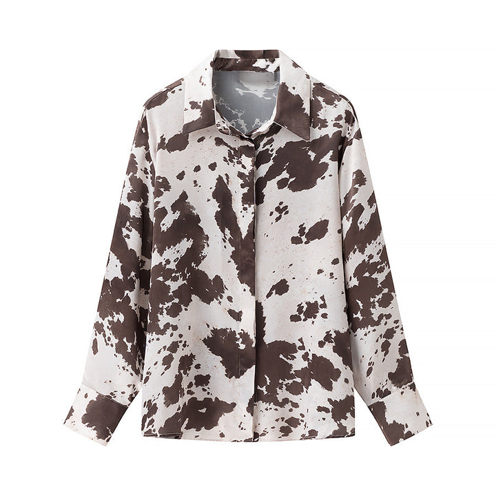 Women's loosely cut shirt blouse with cow spot print and concealed button placket Amarae