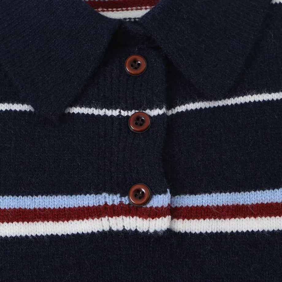 Women's Striped Knit Polo Sweater with Short Button Placket and Ribbed Cuffs Amarae