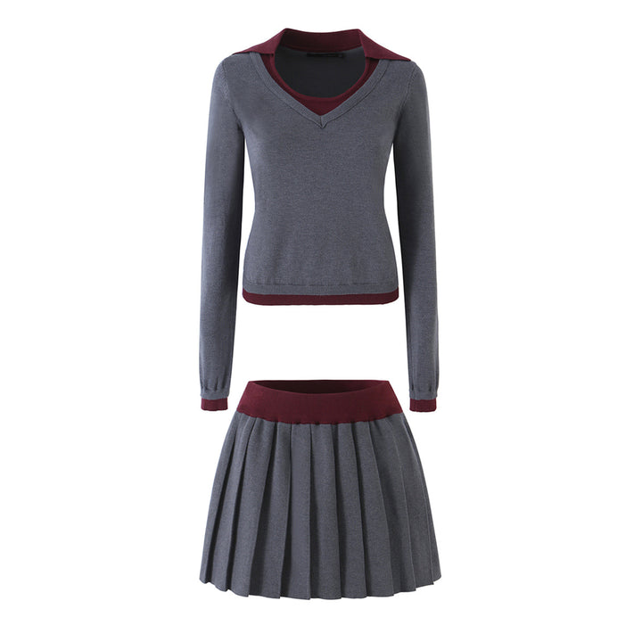 Women’s Two-Piece Fine Knit Set with V-Neck, Contrasting Collar and Pleated Mini Skirt Amarae