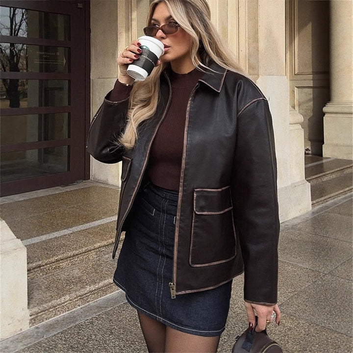 Women's Short Faux Leather Jacket in Aviator Look with Contrasting Decorative Seams Amarae