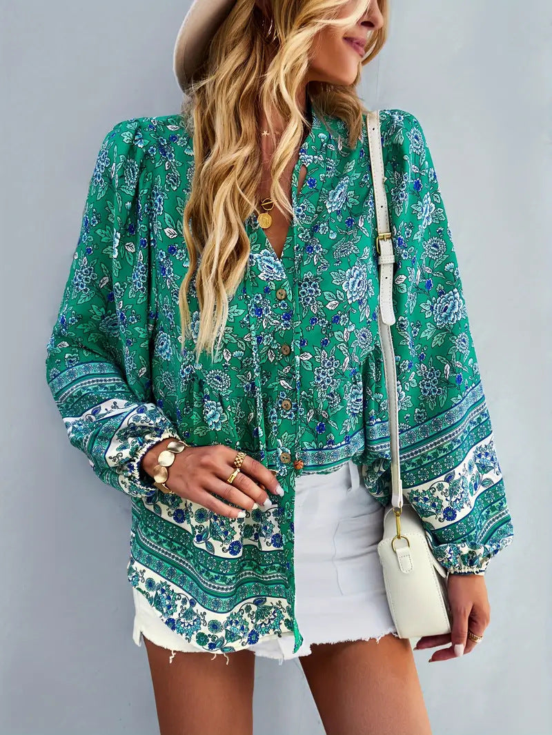 Woman blouse with colorful floral pattern and puff sleeves Lune London