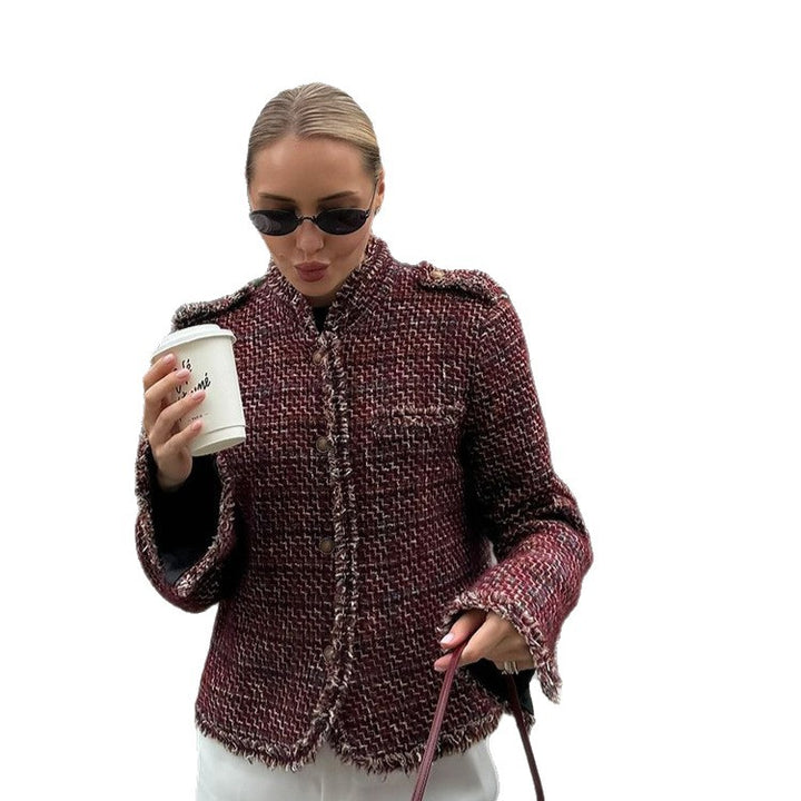 Women's Short Boucle Tweed Jacket with Fringe Trim and Decorative Buttons Amarae