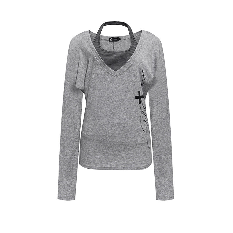 Women's layer long-sleeve shirt with deep V-neck, halter inner layer and side script print Amarae