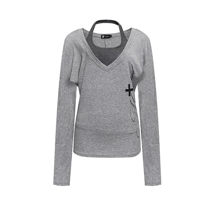 Women's layer long-sleeve shirt with deep V-neck, halter inner layer and side script print Amarae