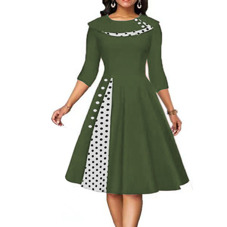Elegant Woman Midi-Dress with Polka Dots and Chic Side Contrast Detail