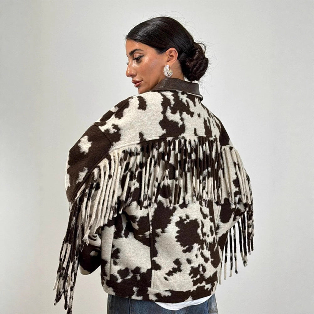 Ladies short jacket in cow print with fringes, faux fur look and leather collar Amarae