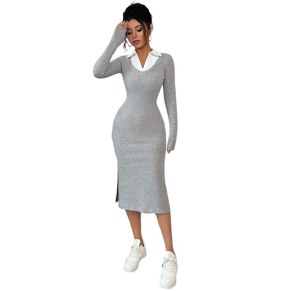 Robe longue ajustée pour femmes avec col polo tendance et fente sur le côté Chic & Stil