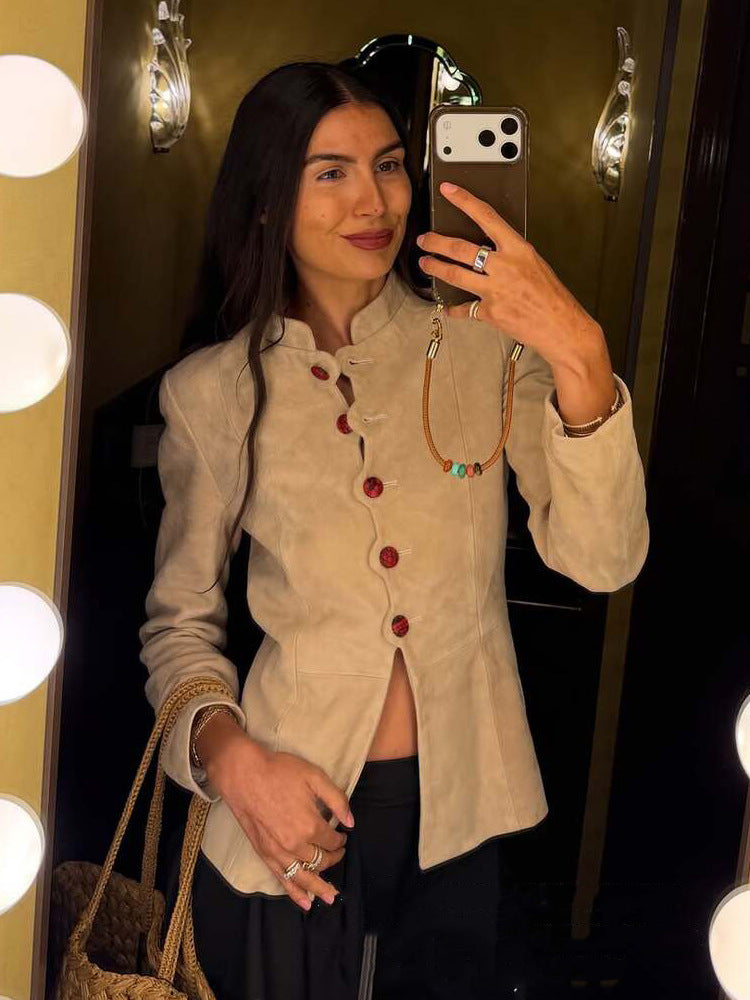 Women's Tailored Suede Blazer with Stand Collar and Decorative Buttons Amarae