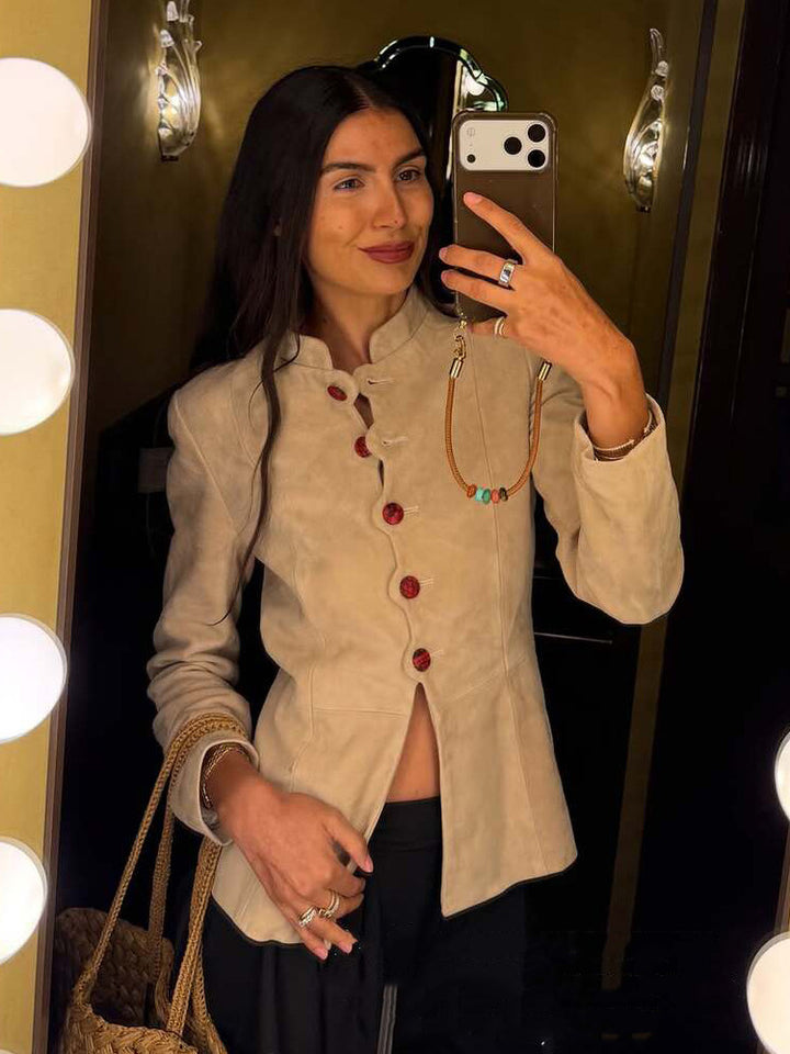 Women's Tailored Suede Blazer with Stand Collar and Decorative Buttons Amarae