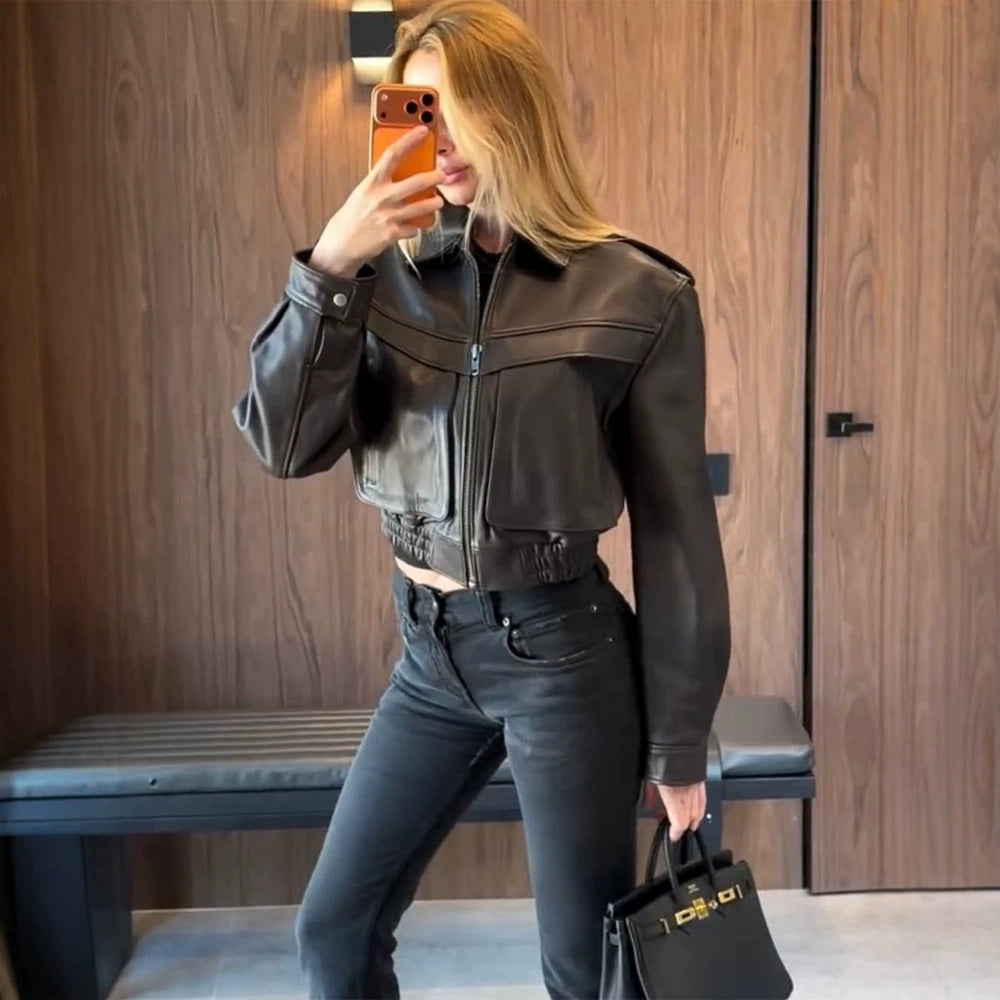 Women's short-cut leather jacket with elastic hem and patch chest pockets Amarae