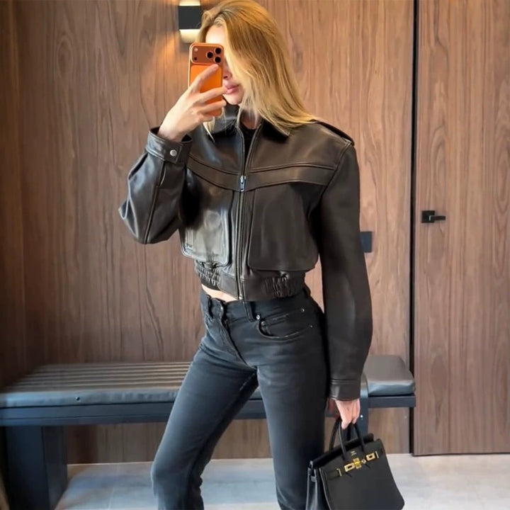 Women's short-cut leather jacket with elastic hem and patch chest pockets Amarae