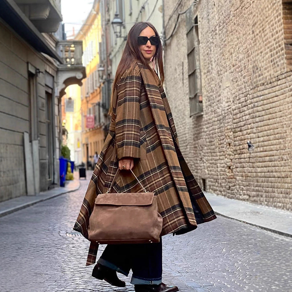 Ladies long coat in check look made of wool mix with oversized stand-up collar and bell sleeves Amarae