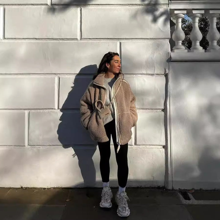 Ladies fleece jacket with high collar and practical pockets Lune London