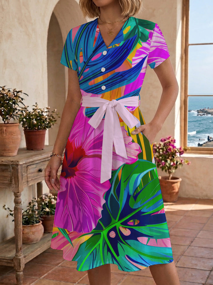 Women’s midi dress with colorful floral design and adjustable tie belt Lune London