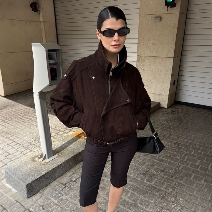 Women Short Velour Leather Bomber Jacket with High Stand-Up Collar and Waist Belt Amarae