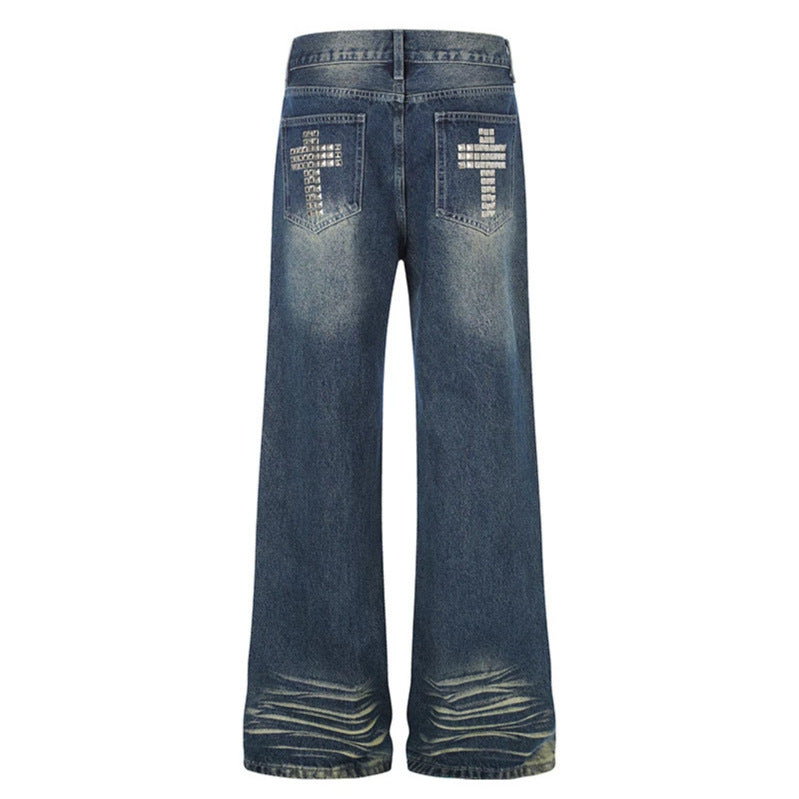 Women Wide High-Waist Distressed Jeans in Palazzo Style with Studded Detailing Amarae