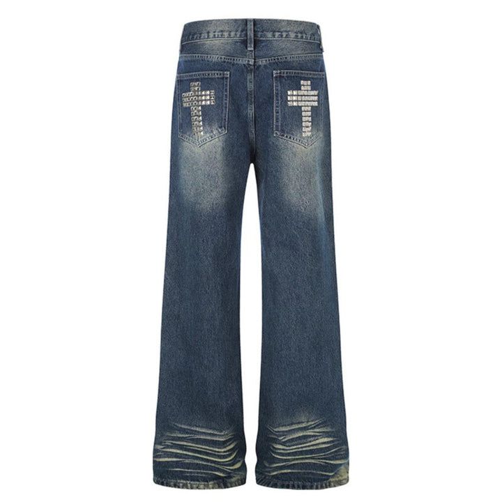 Women Wide High-Waist Distressed Jeans in Palazzo Style with Studded Detailing Amarae