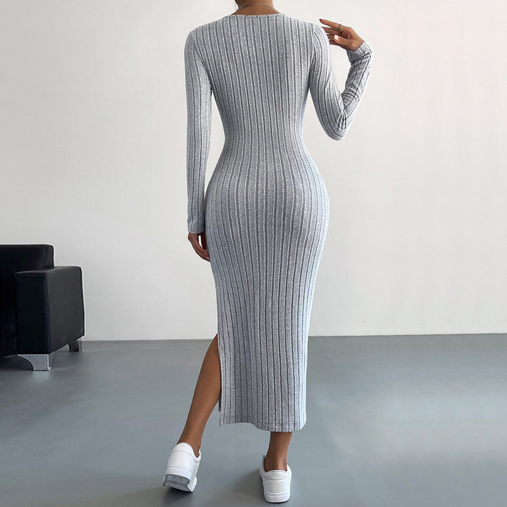 Robe maxi en maille pour femme avec manches longues et fente latérale Chic & Stil