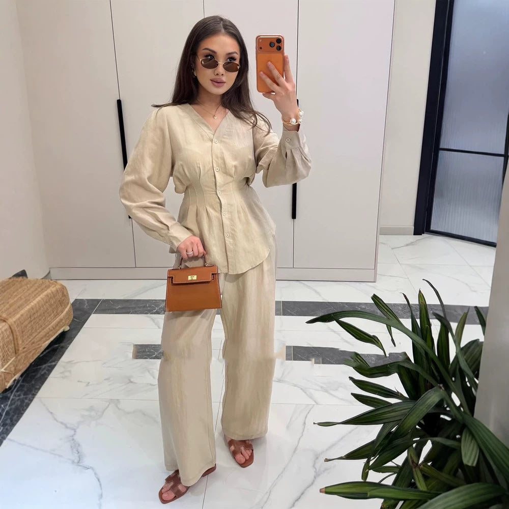 Women V-Neck Blouse and Culotte Set with Waist Pleats and Wide Legs Amarae