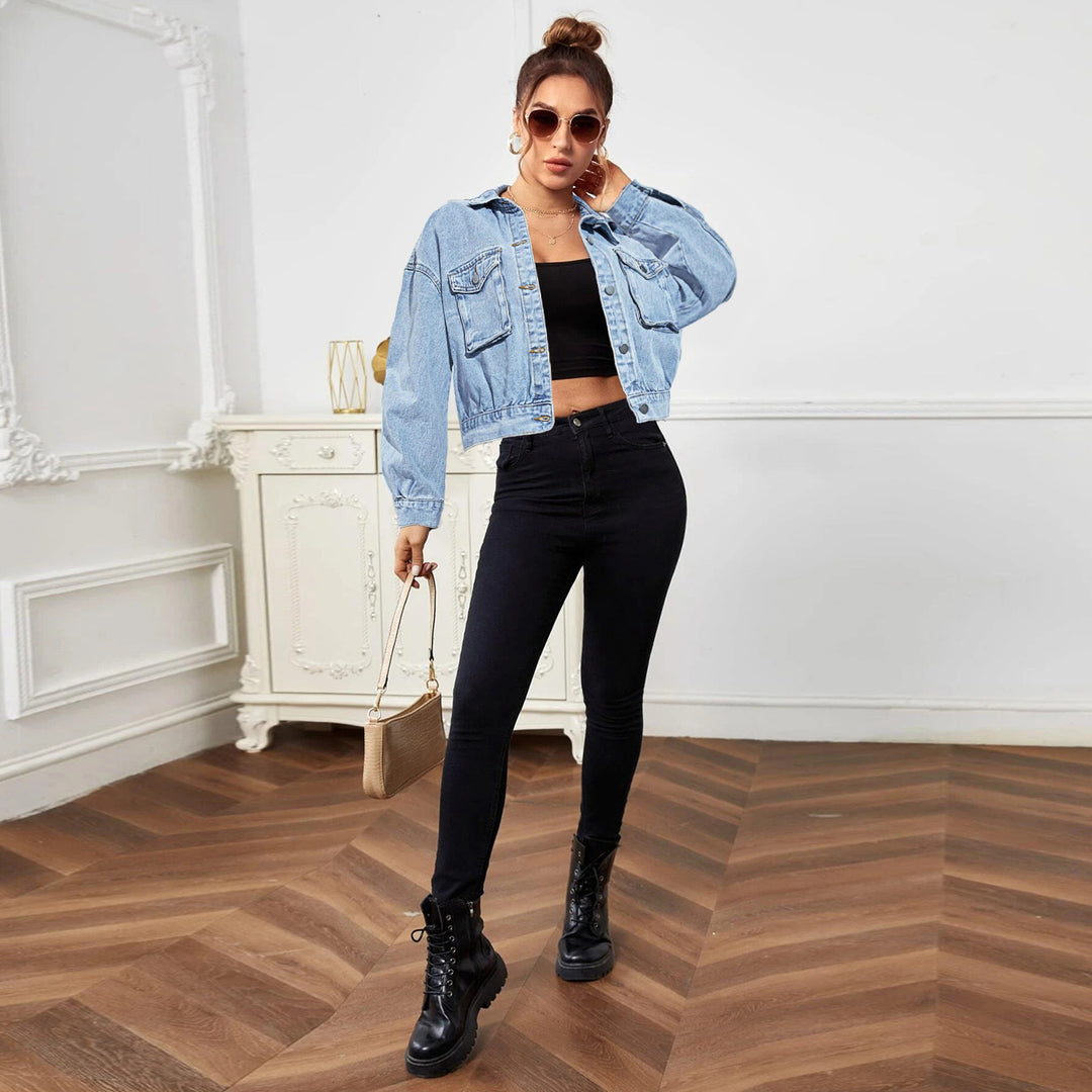 Women Cropped Boxy Denim Jacket with Patch Chest Pockets and Short Hem Amarae