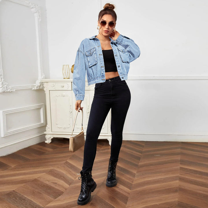 Women Cropped Boxy Denim Jacket with Patch Chest Pockets and Short Hem Amarae
