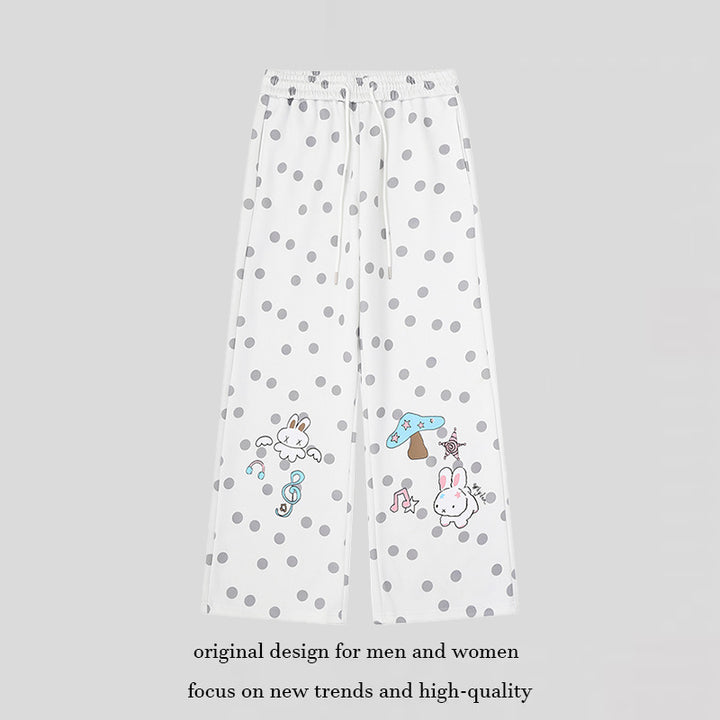 Women Wide Lounge Pants with Comfort Waistband, Polka Dot Allover and Playful Cartoon Print Amarae