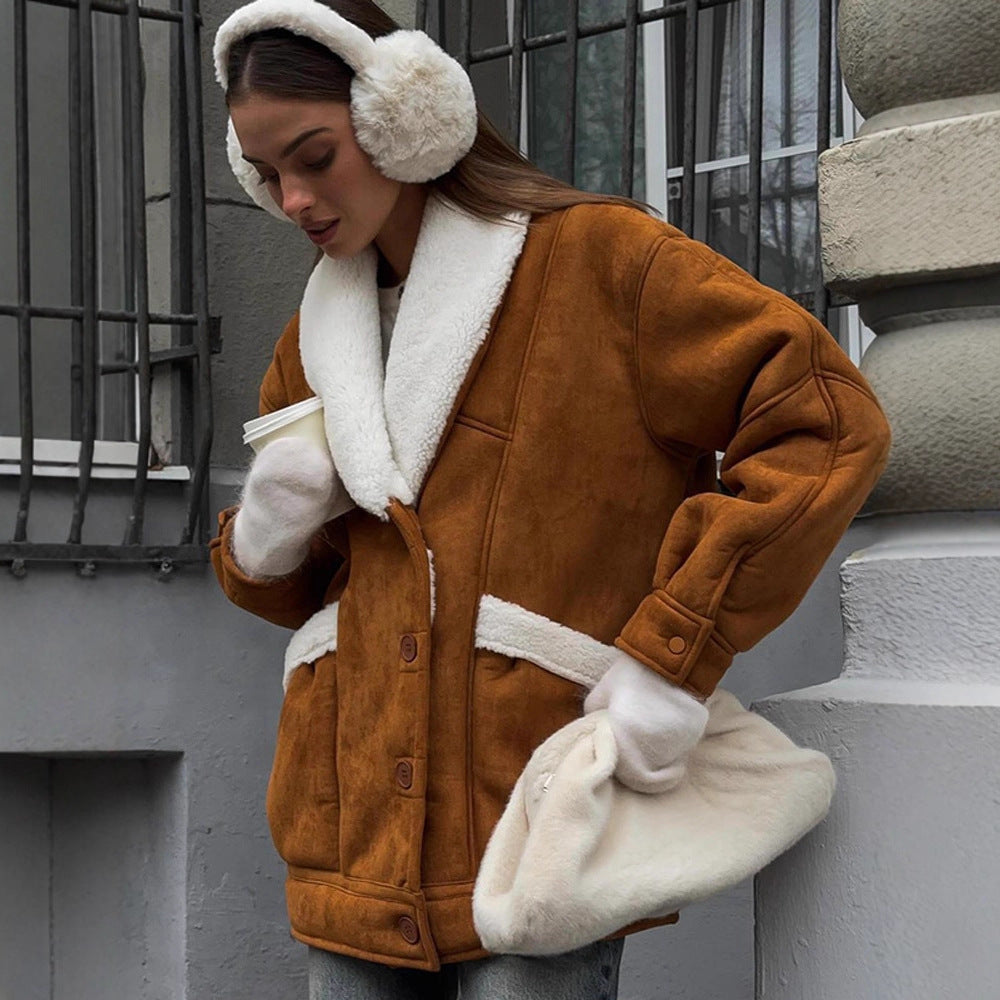 Women Oversized Sheepskin Imitation Jacket with Large Shawl Collar Amarae