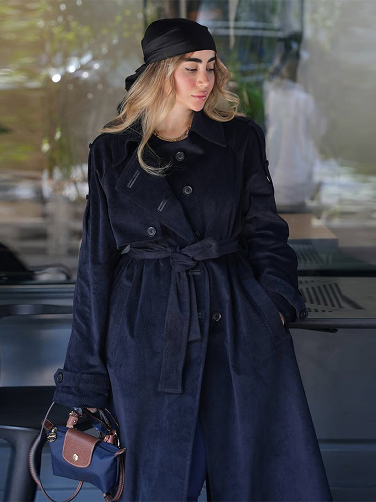 Women's longer cord trench coat with tie belt and oversized shoulders Amarae