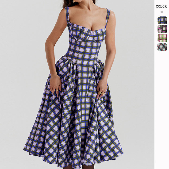 Women's midi dress in check pattern with textured bodice and voluminous skirt Lune London