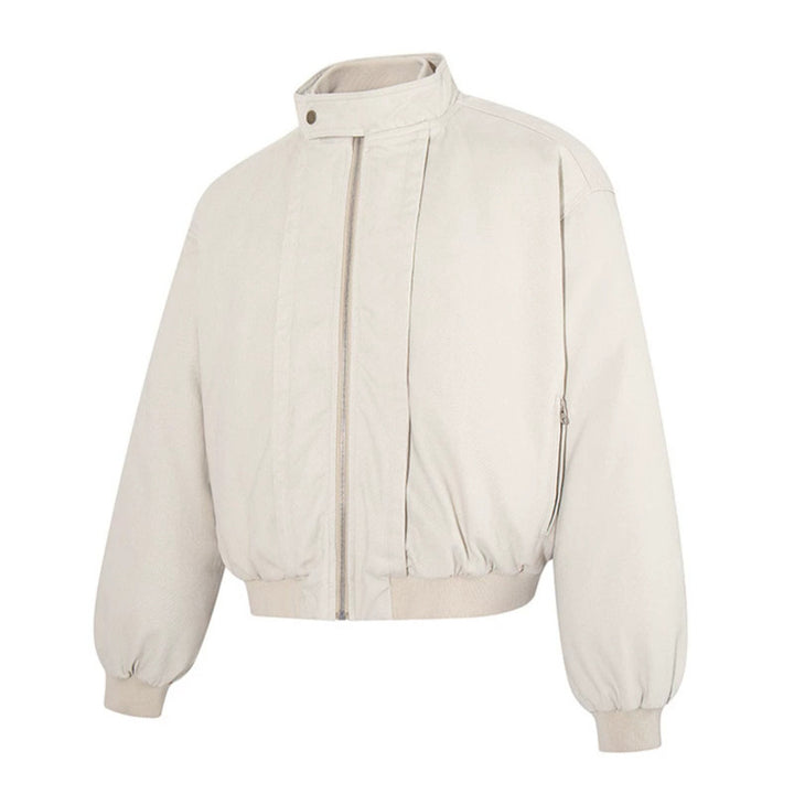 Women's short-cut bomber jacket with stand-up collar, concealed zipper, and elastic hem Amarae