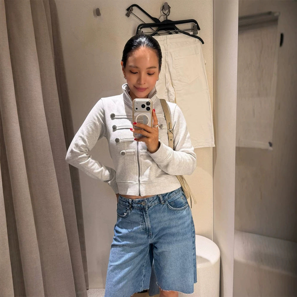 Women Short-Cut Sweat Jacket in Military Look with Stand-Up Collar Amarae