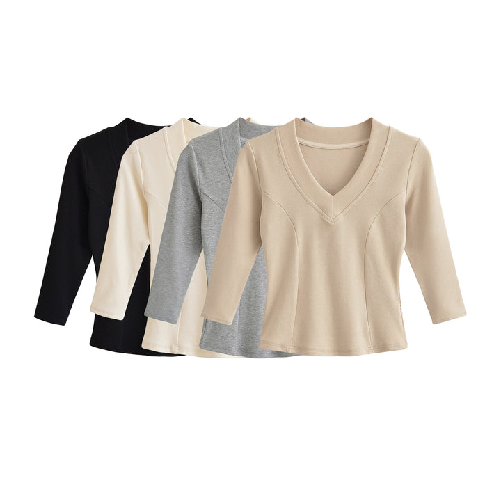 Women's Ribbed Long Sleeve Shirt with V-Neck and Tailored Fit Amarae