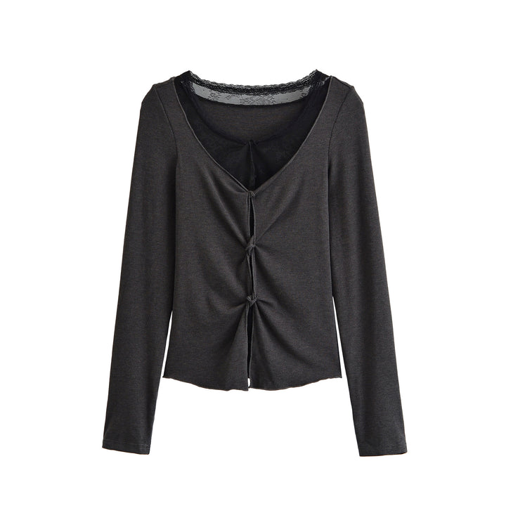 Women's Long Sleeve Fine Jersey Top with Lace Insert, Knot Front and Gathered Detail