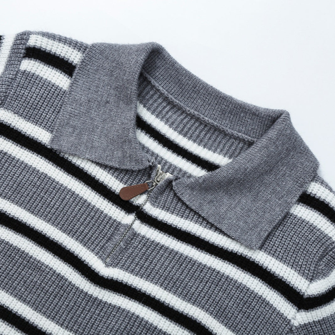 Women's Striped Knit Sweater with Polo Collar and Half Zipper Amarae
