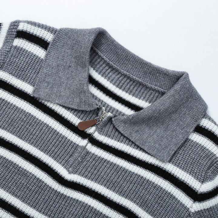 Women's Striped Knit Sweater with Polo Collar and Half Zipper Amarae