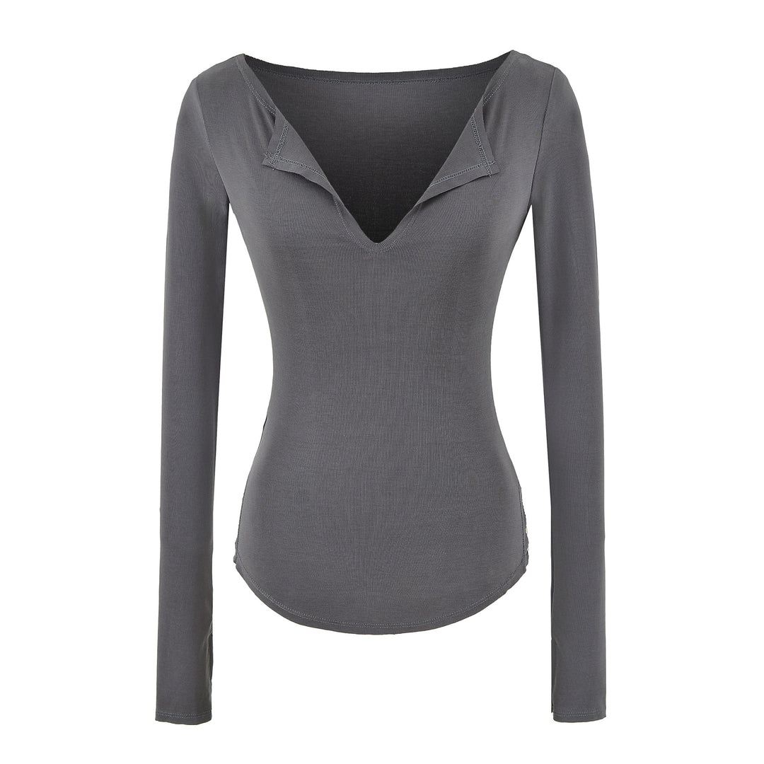 Women's fitted ribbed knit long sleeve with deep V-neck and collar trim Amarae