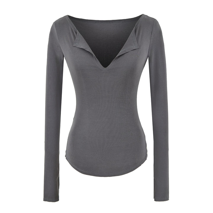 Women's fitted ribbed knit long sleeve with deep V-neck and collar trim Amarae