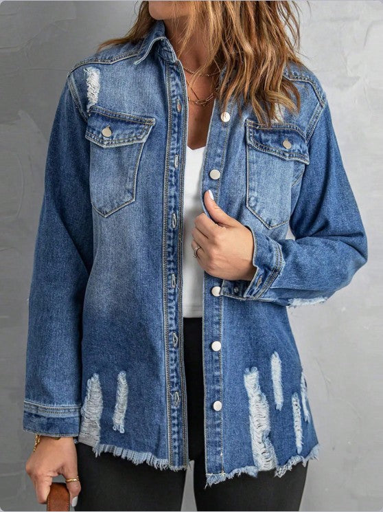 Women Casual Oversized Denim Jacket with Destroyed Details, Shirt Collar and Fringed Hem Amarae